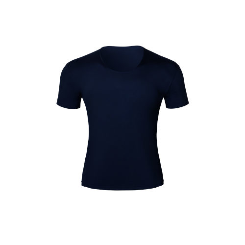 Semi Wide Neck Satin Muscle-Fit Short Sleeve [Dark Blue]